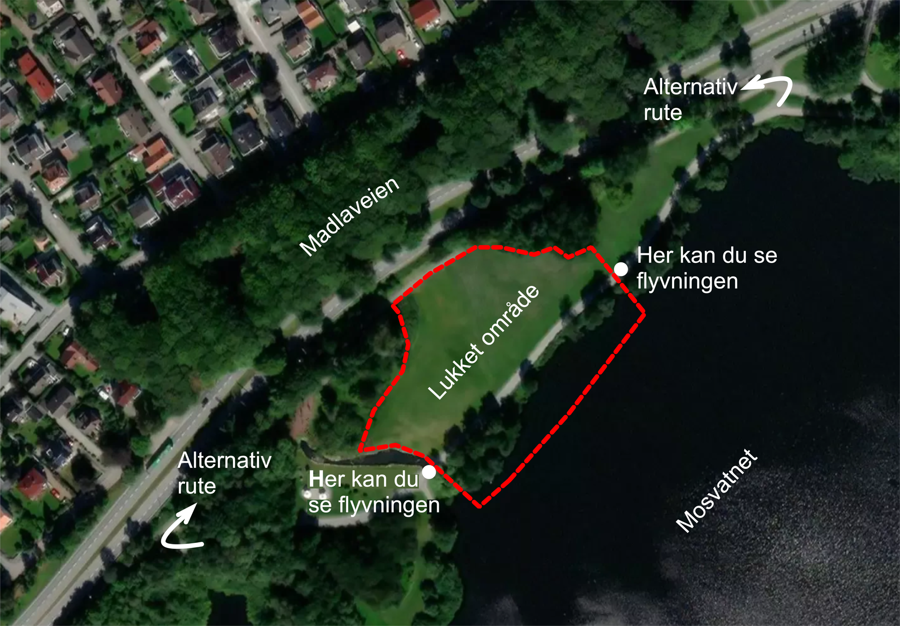 Kart over Texasmarka ved Mosvatnet som viser hvor det blir stengt av og alternativ rute.