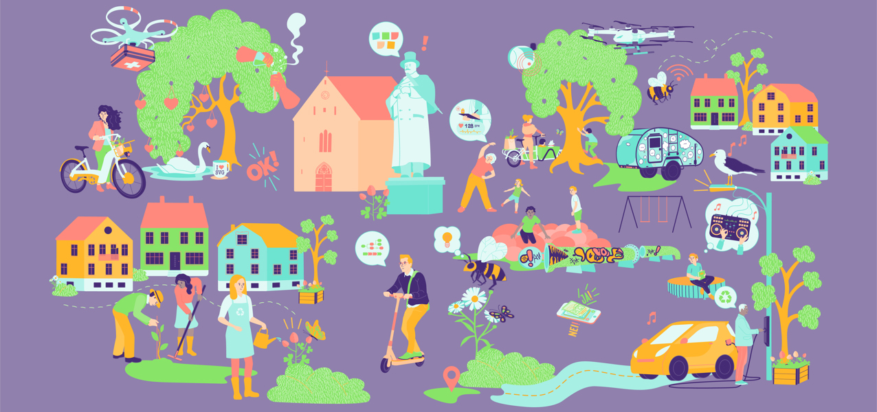 Illustrasjon smartbyen, lilla bakgrunn