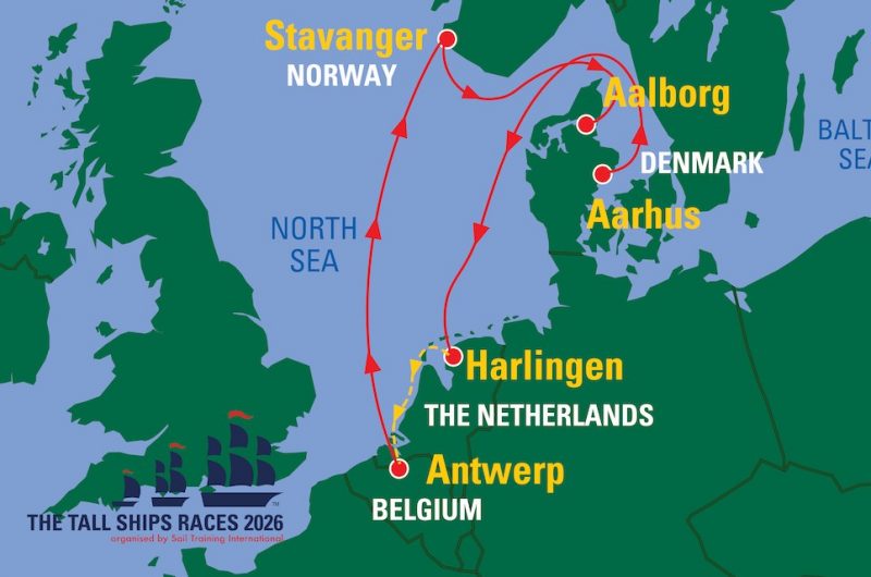 Kart over vertskapshavnene for The Tall Ships Races i 2026. 
