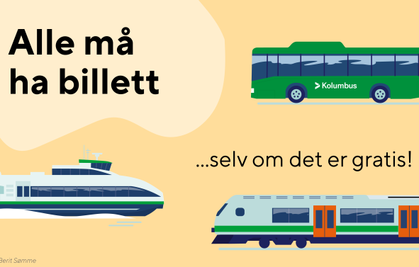 Illustrasjoner av hurtigbåt, buss og tog, med teksten: Alle må ha billett ....selv om det er gratis