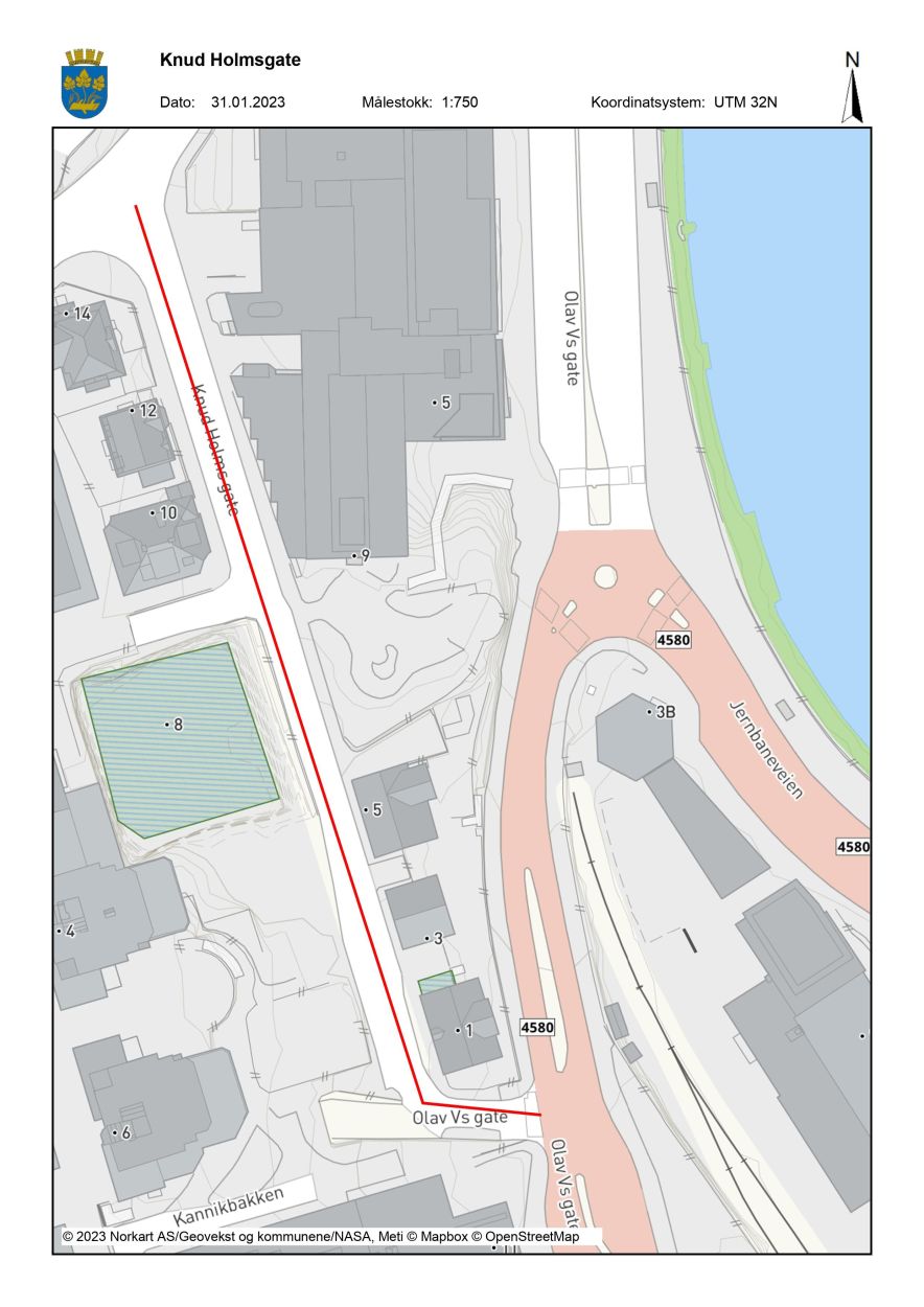 Kartutsnitt over området hvor det er markert rødt i Knud Holmsgate der arbeidene vil gjøres.