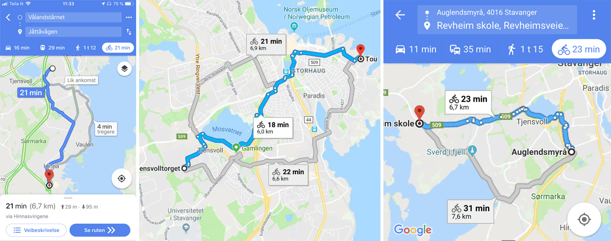 Utrsnitt av tre googlekart for å vise eksempler på søk etter sykkelruter