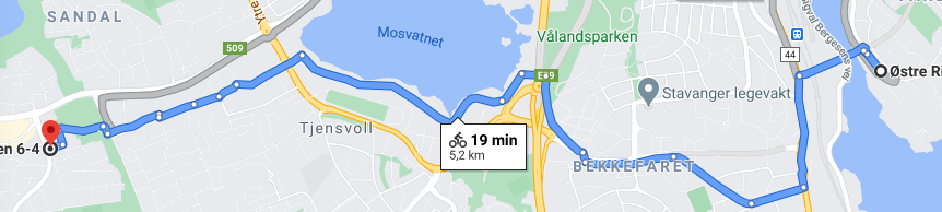 Bare 19 minutter fra Østre Ring til Madlakrossen, melder Google-kartet. Ska sei! Google-kart som viser at det tar 19 minutter å sykle fra Godalen til Madlavoll