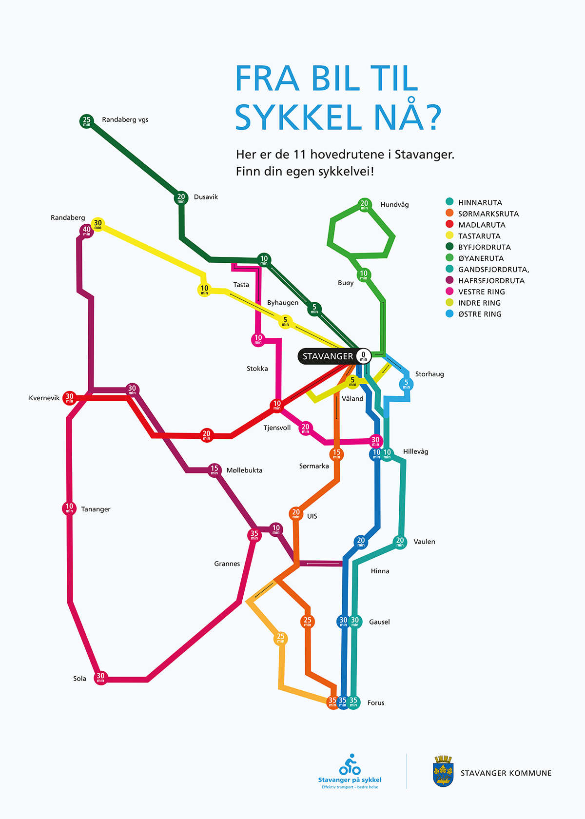 Lavoppløst kart som viser hvor lang tid det tar å sykle fra A til B i Stavanger