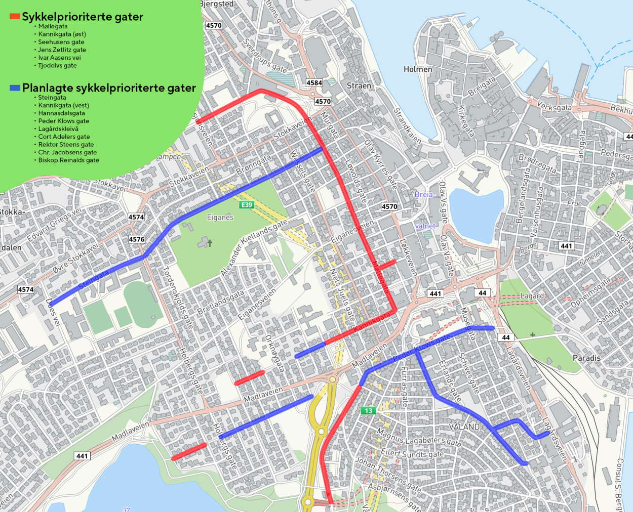 Kart over sykkelprioriterte gater og planlagte sykkelprioriterte gater i Stavanger.