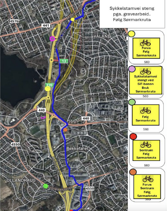 Kart som viser omlagt sykkelrute fra Mosvatnet og sørover langs motorveien 