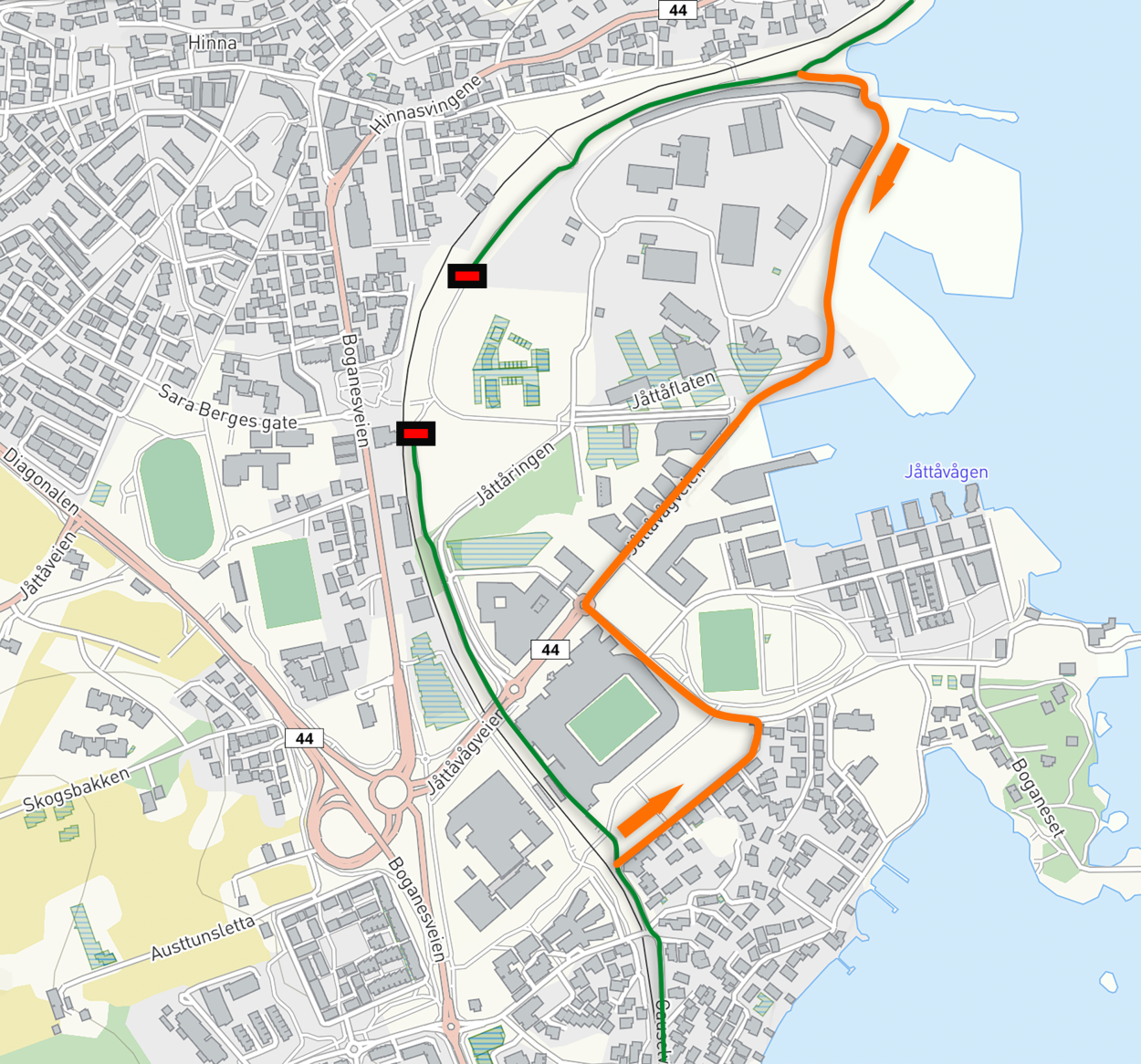 Kartet viser omdirigering av Gandsfjordruta i jåttavågen