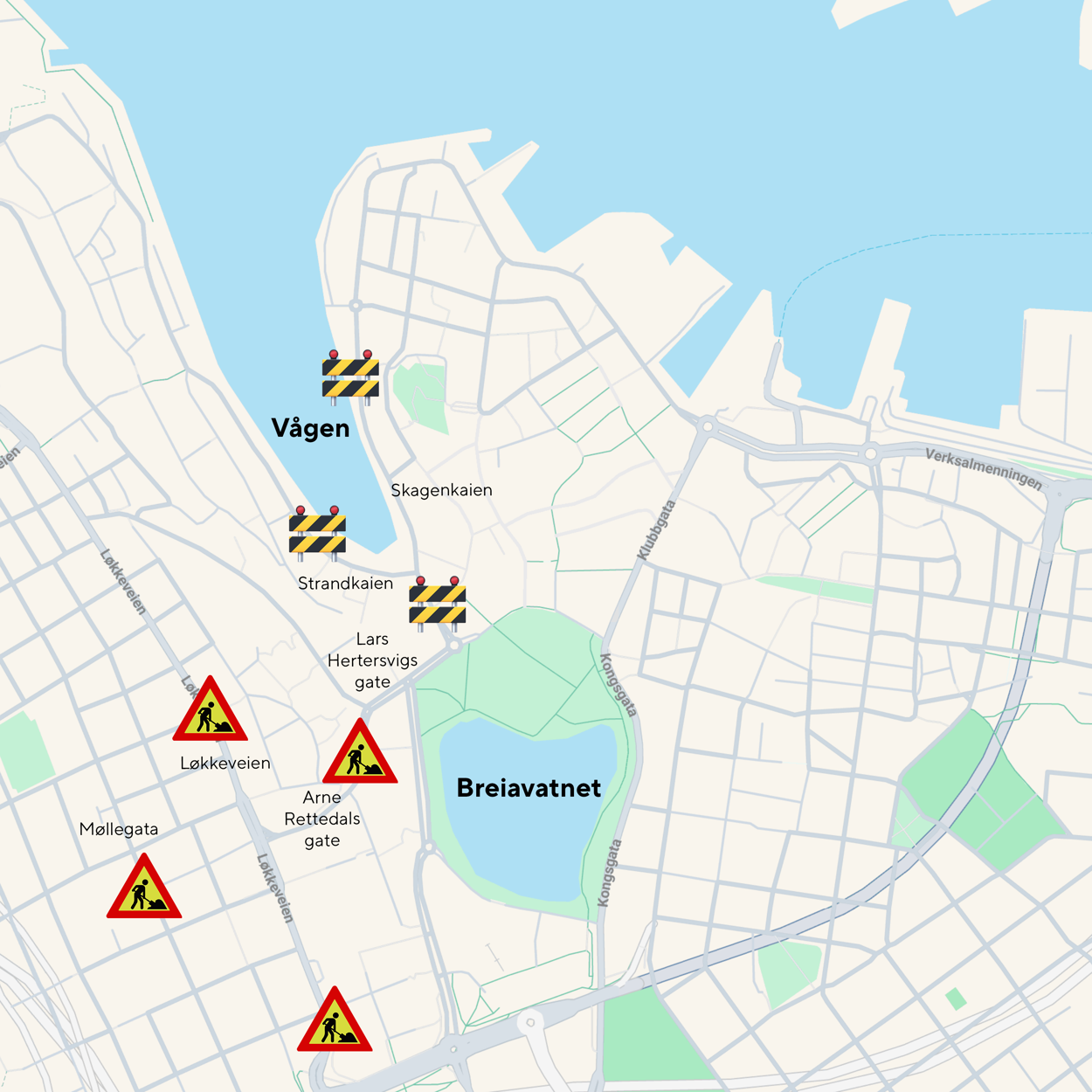 kart over stavanger sentrum og stengte veier