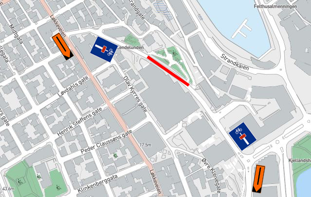 Kart som viser at Lars Hertervigs gate er stengt
